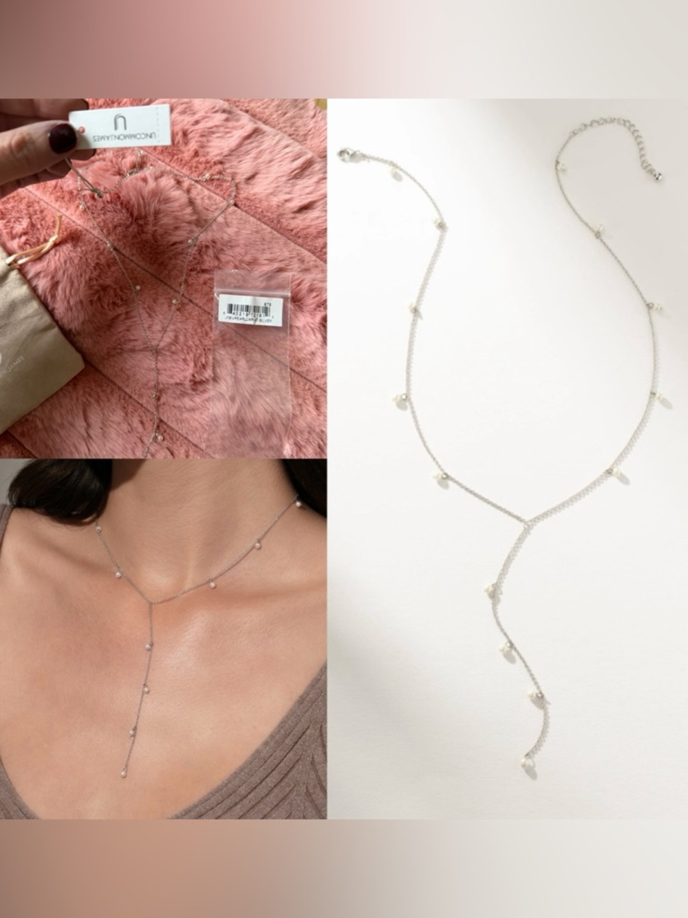 NWT Uncommon James pearl lariat necklace silver tone dainty